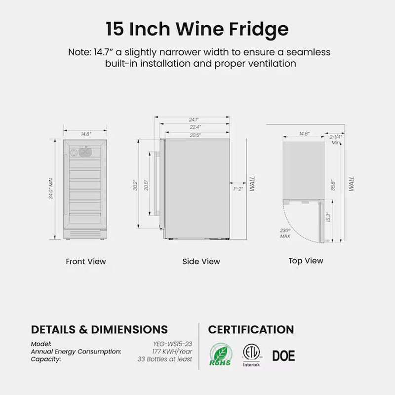 15-In W 33 -Bottles Stainless Steel Built-In/Freestanding Indoor Wine Cooler