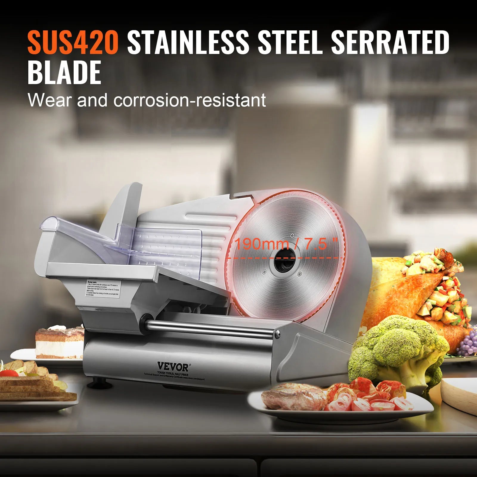 Succebuy Meat Slicer Electric Deli Food Slicer SUS 420 Stainless Steel Blade and Blade Guard Adjustable Thickness for Home Use
