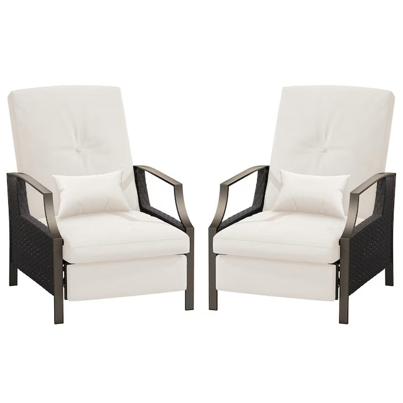Patio Adjustable Lounge Chair Rattan White Metal Frame Stationary Recliner Chair with Off-White Cushioned Seat