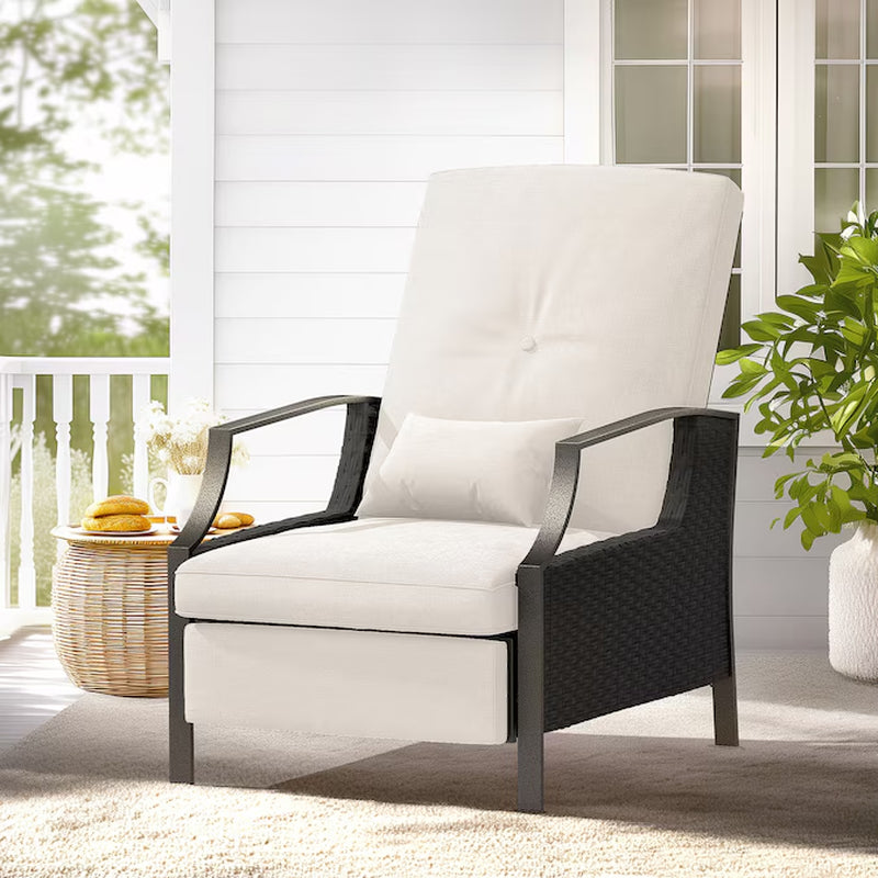 Patio Adjustable Lounge Chair Rattan White Metal Frame Stationary Recliner Chair with Off-White Cushioned Seat