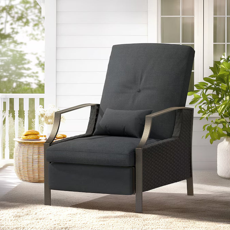 Patio Adjustable Lounge Chair Rattan White Metal Frame Stationary Recliner Chair with Off-White Cushioned Seat