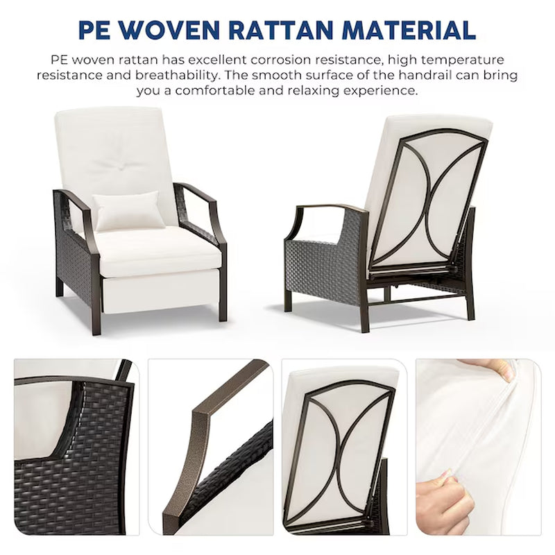 Patio Adjustable Lounge Chair Rattan White Metal Frame Stationary Recliner Chair with Off-White Cushioned Seat