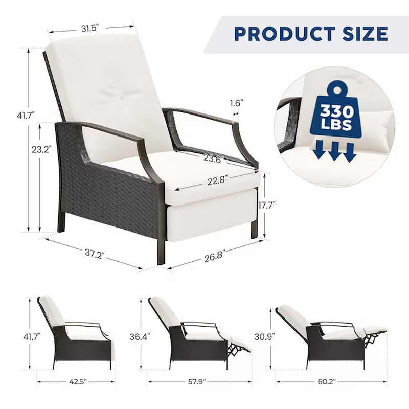 Patio Adjustable Lounge Chair Rattan White Metal Frame Stationary Recliner Chair with Off-White Cushioned Seat