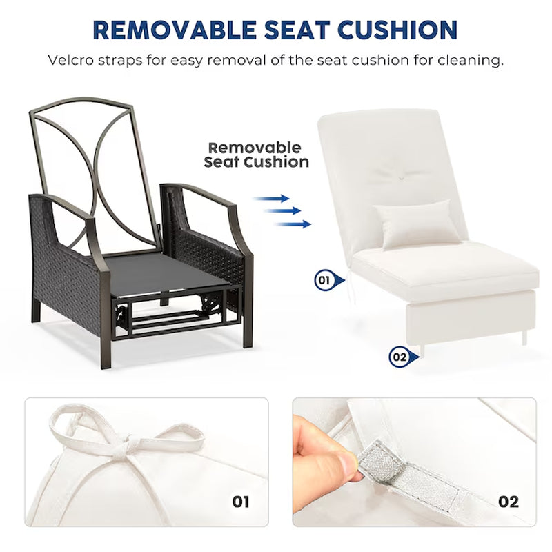 Patio Adjustable Lounge Chair Rattan White Metal Frame Stationary Recliner Chair with Off-White Cushioned Seat