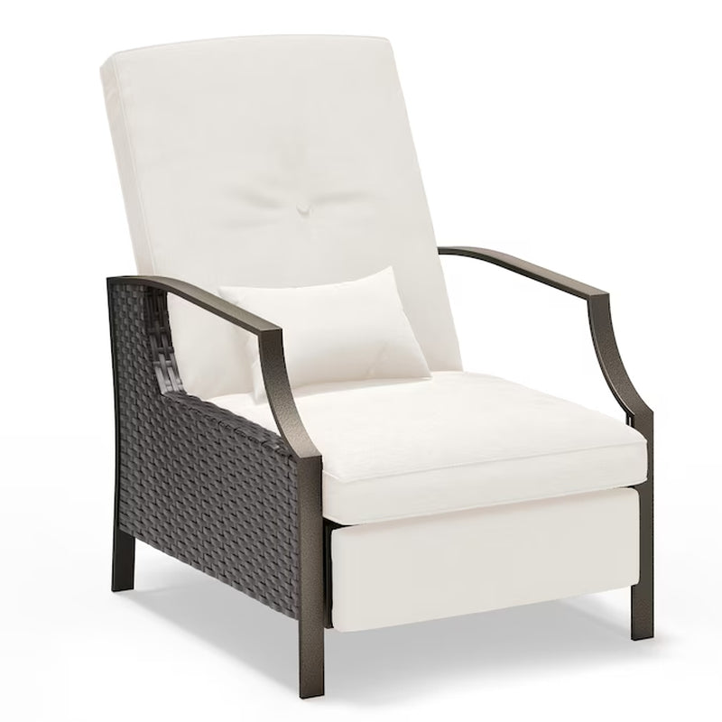 Patio Adjustable Lounge Chair Rattan White Metal Frame Stationary Recliner Chair with Off-White Cushioned Seat