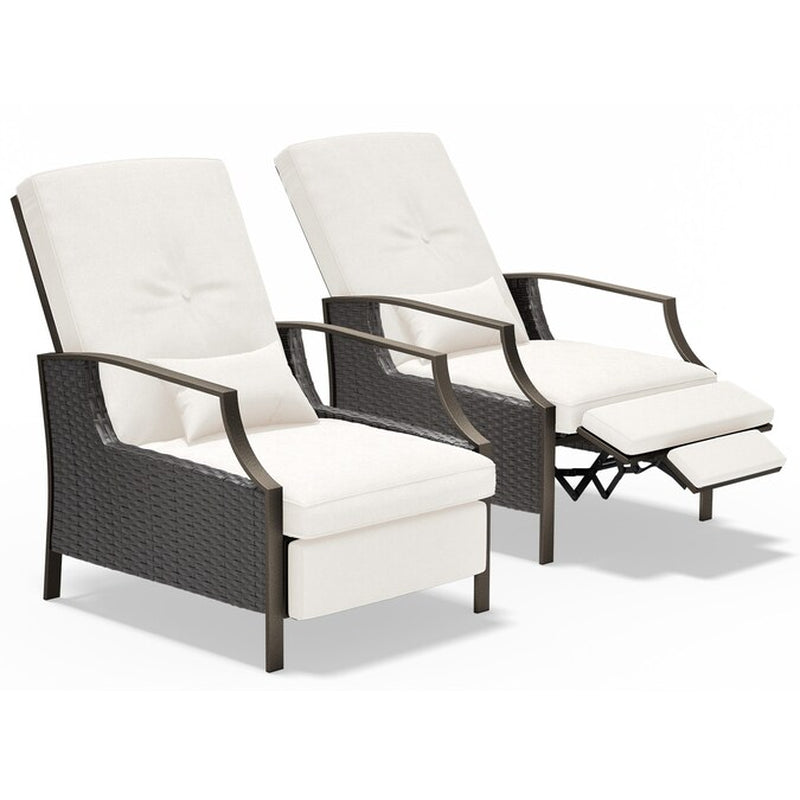 Patio Adjustable Lounge Chair Rattan White Metal Frame Stationary Recliner Chair with Off-White Cushioned Seat