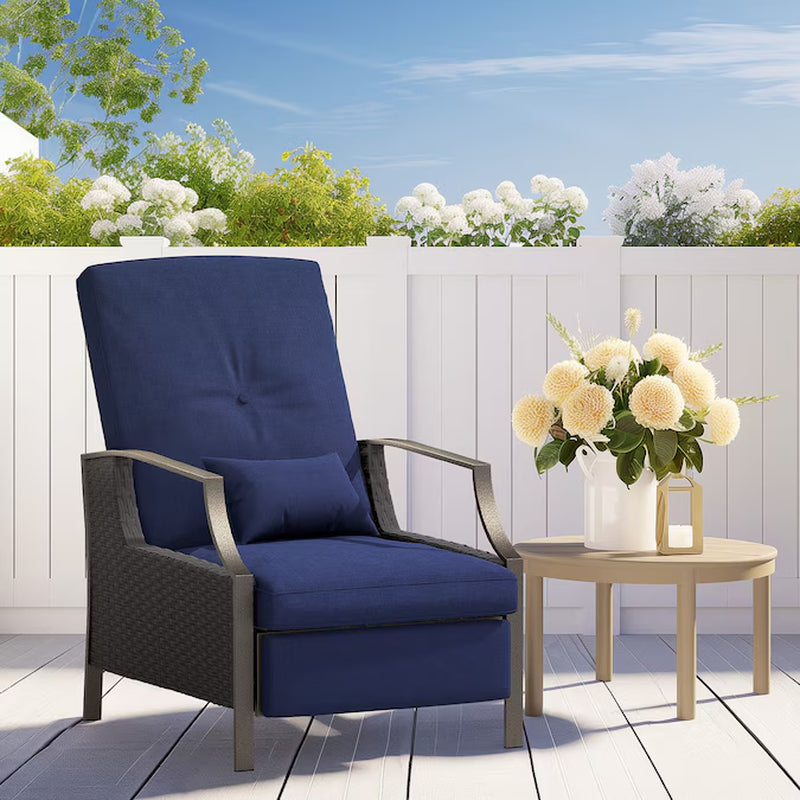 Patio Adjustable Lounge Chair Rattan White Metal Frame Stationary Recliner Chair with Off-White Cushioned Seat