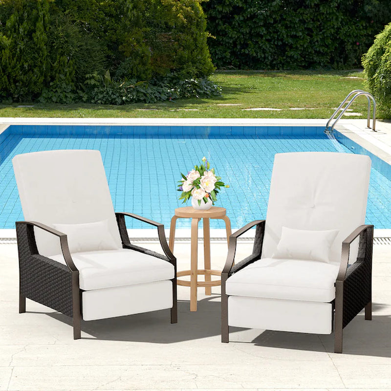 Patio Adjustable Lounge Chair Rattan White Metal Frame Stationary Recliner Chair with Off-White Cushioned Seat