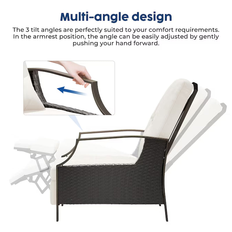 Patio Adjustable Lounge Chair Rattan White Metal Frame Stationary Recliner Chair with Off-White Cushioned Seat