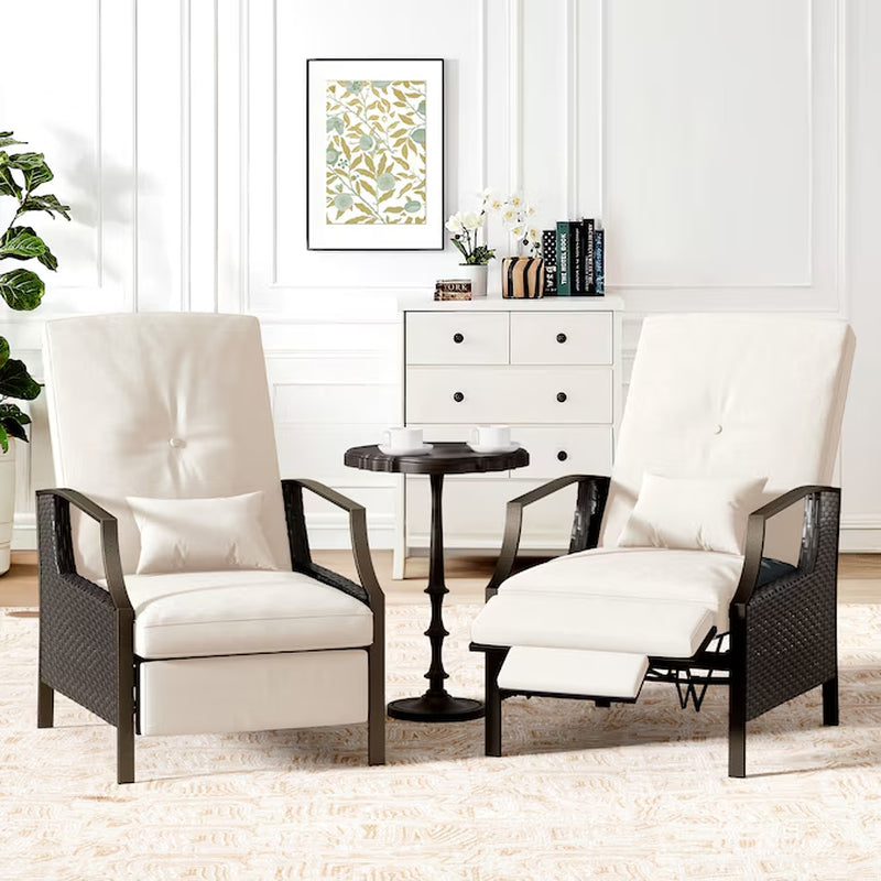 Patio Adjustable Lounge Chair Rattan White Metal Frame Stationary Recliner Chair with Off-White Cushioned Seat