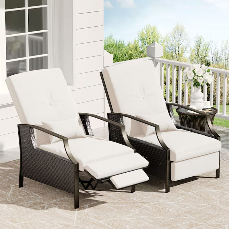 Patio Adjustable Lounge Chair Rattan White Metal Frame Stationary Recliner Chair with Off-White Cushioned Seat