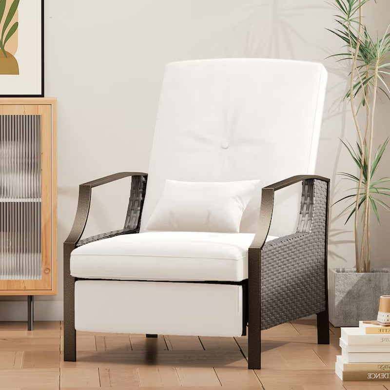 Patio Adjustable Lounge Chair Rattan White Metal Frame Stationary Recliner Chair with Off-White Cushioned Seat