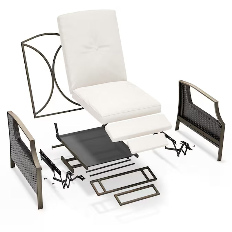 Patio Adjustable Lounge Chair Rattan White Metal Frame Stationary Recliner Chair with Off-White Cushioned Seat