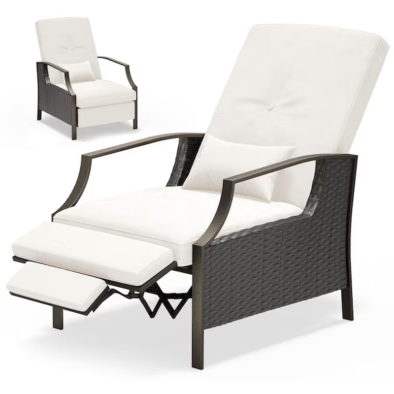 Patio Adjustable Lounge Chair Rattan White Metal Frame Stationary Recliner Chair with Off-White Cushioned Seat